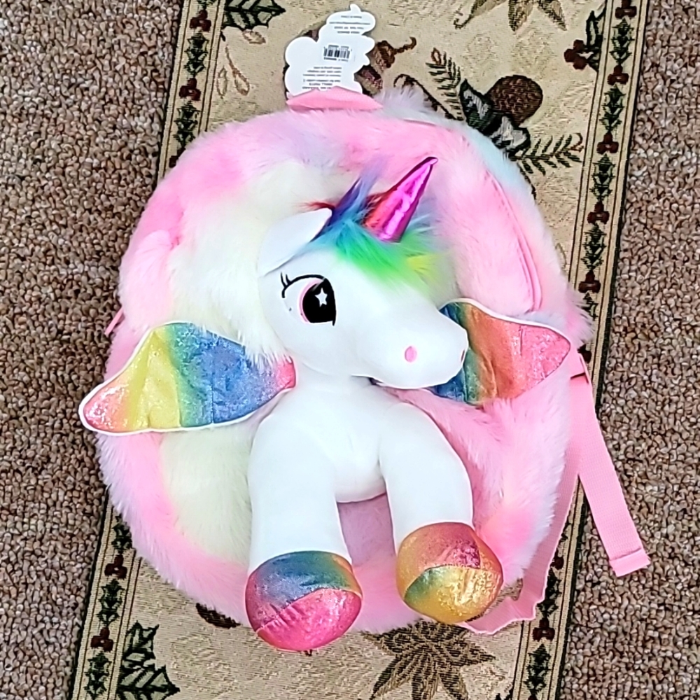 NWT Rainbow unicorn napsack by big dreams W Tags Full Size pink Fur Cute Sealed